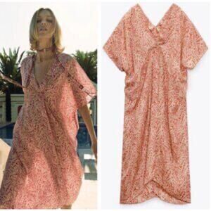 ZARA Dress Size Small Tunic Kaftan Paisley Satin Maxi Terracotta Oversized Boho